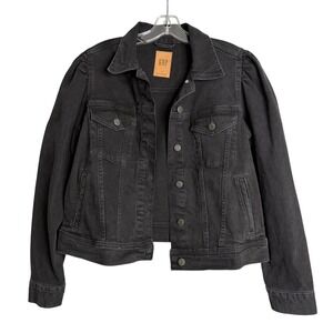 Gap Puff Sleeve Denim Trucker Jacket Womens L Black Jean Casual Preppy Basic